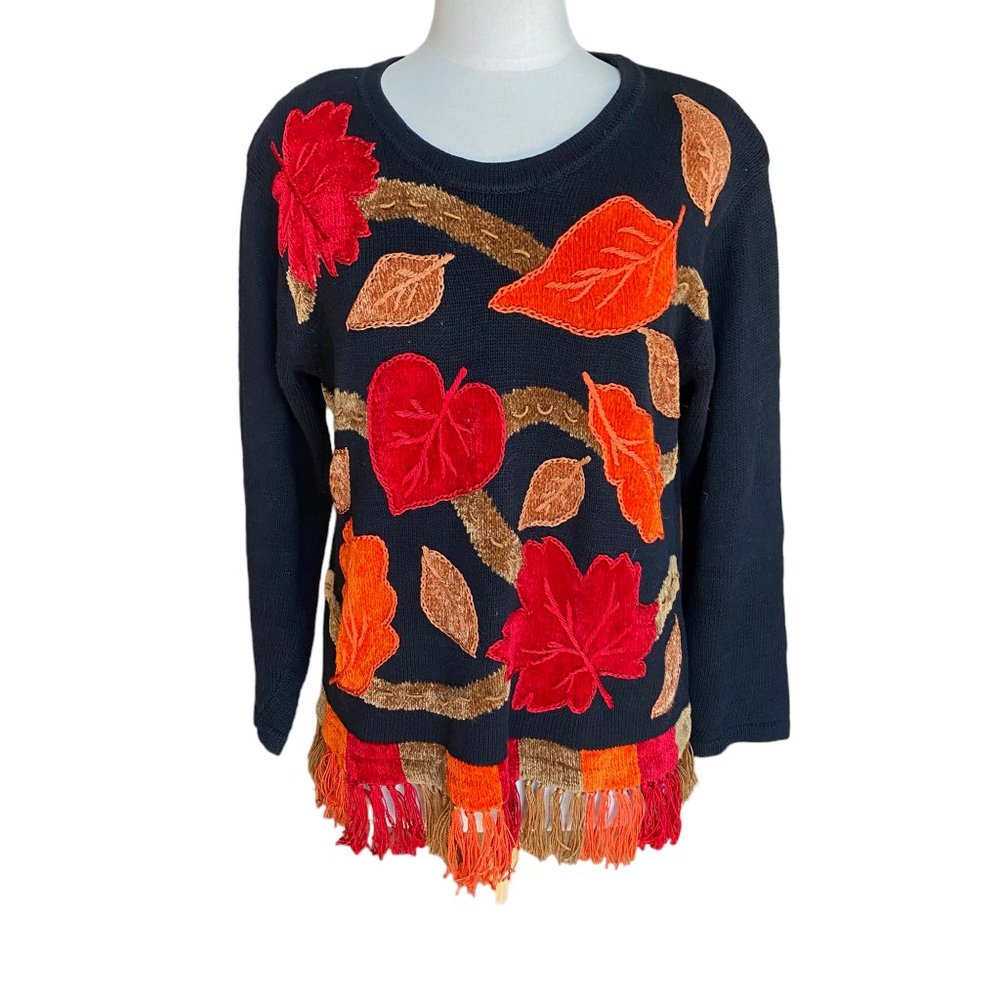 Vintage Victoria Harbour Fall Leaves Knit Fringe Sweater Embroidered Autumn-M